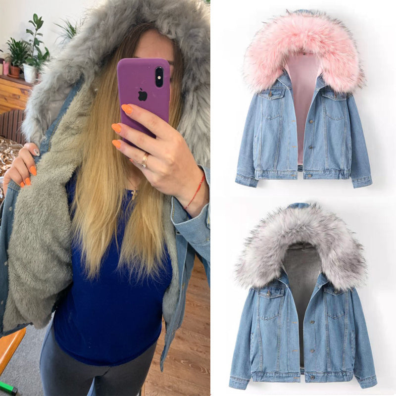 Plush Padded Cotton Denim Jacket with Long Sleeves