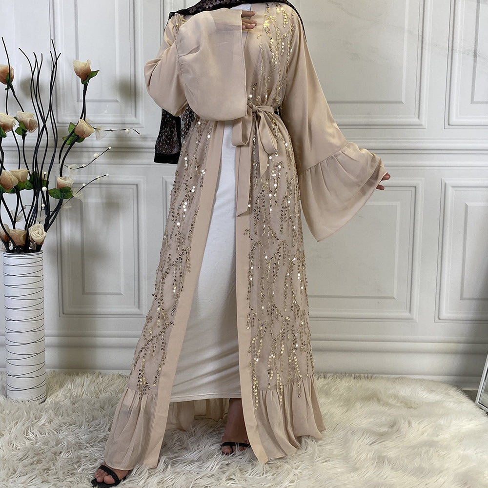 Apricot Sequin Chiffon Cardigan Robe for Muslim Women
