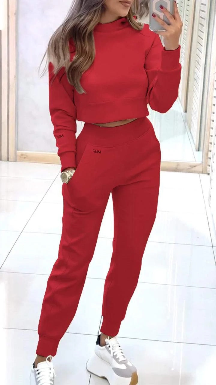 Stand Collar Pullover Long-Sleeve Top & Slim Trousers Set with Pockets