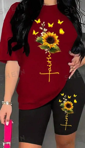 Ensemble T-shirt à manches courtes et short cycliste imprimé tournesol pour femme