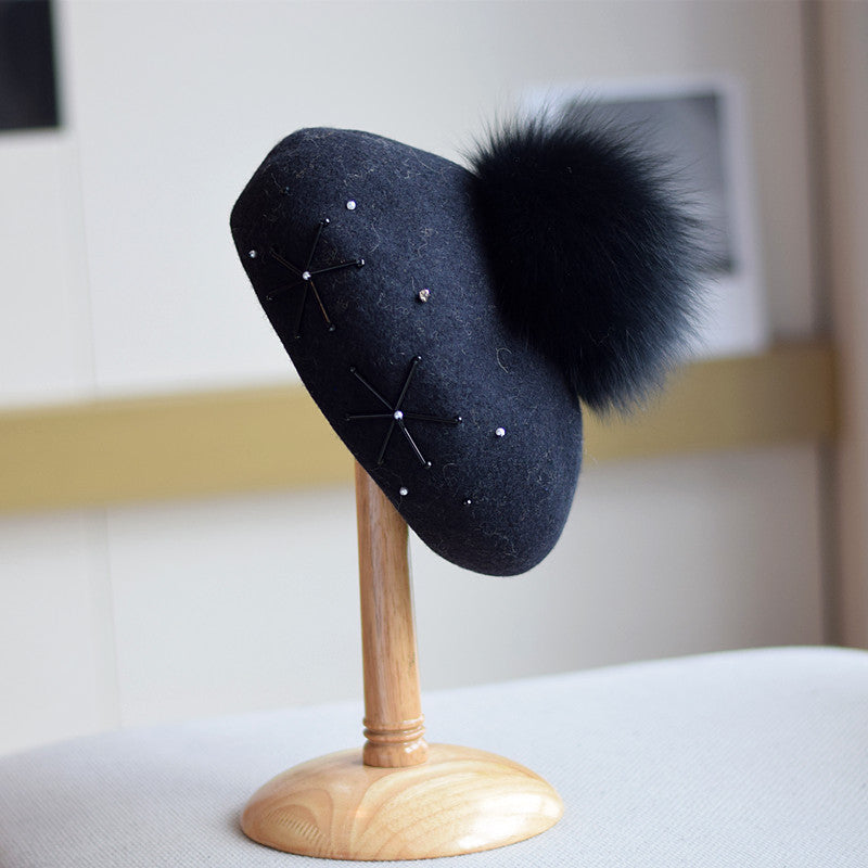 Women's Wool Dome Hat with Fox Fur Ball – Winter Warm M(56-58cm)