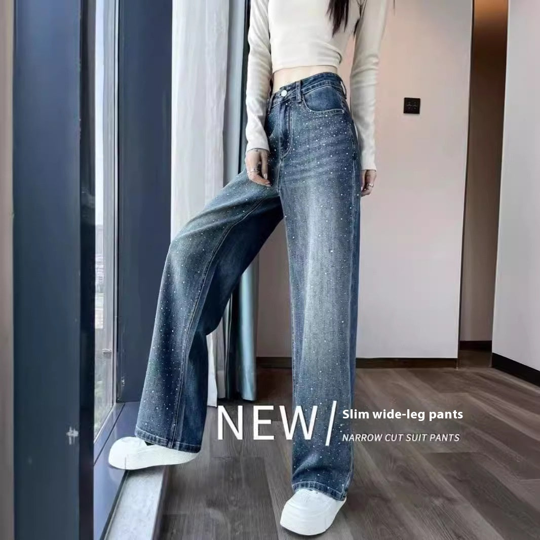 Jean en denim taille haute à jambes larges avec strass