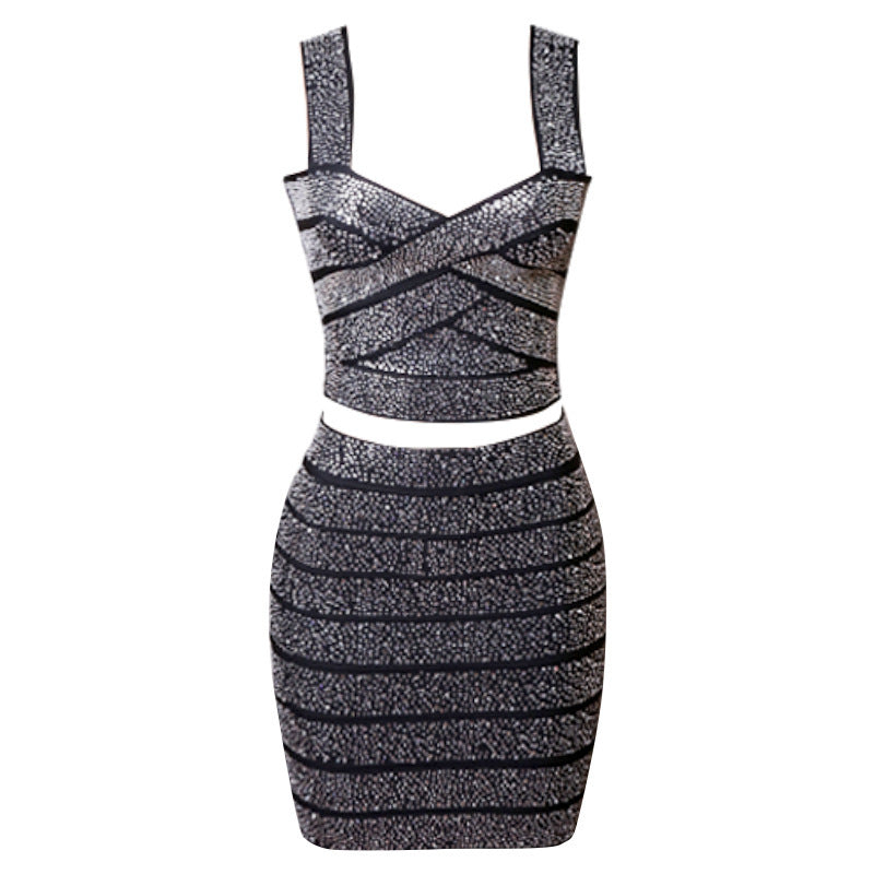 Women's Silver Stripe Polyester Buttock Skirt Suit Set
