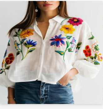 Women's White Floral Long Sleeve Polyester Shirt, Sizes S-6XL