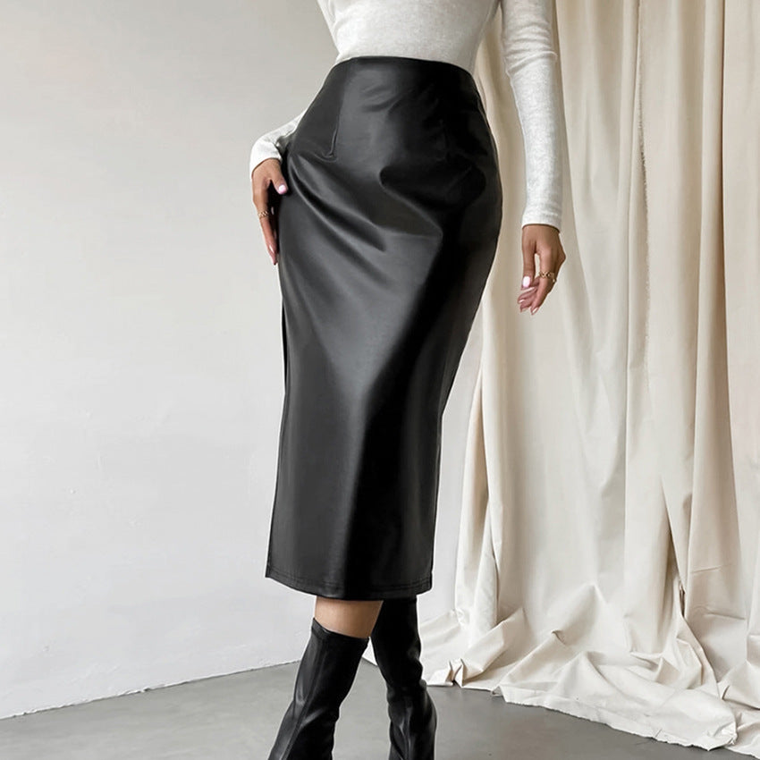 Commuter French Sheath PU Leather Skirt Autumn And Winter