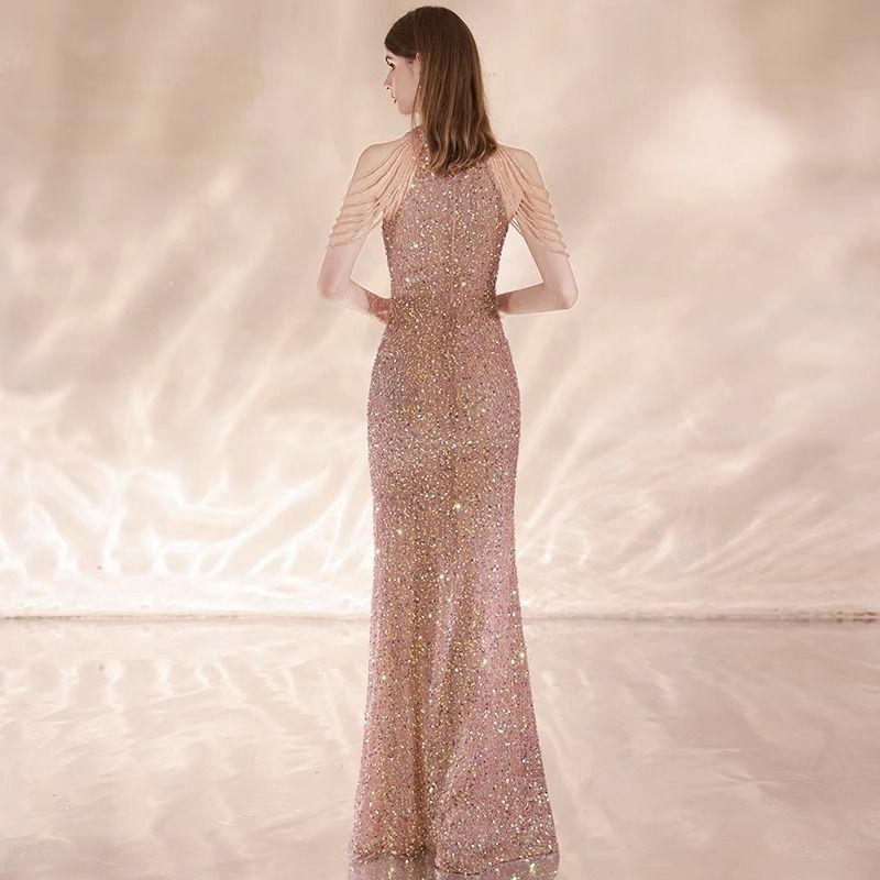 Robe de soirée haut de gamme en dentelle abricot pour femme
