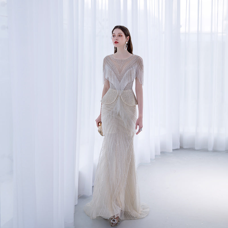Luxury Cream Tassel Fishtail Evening Dress