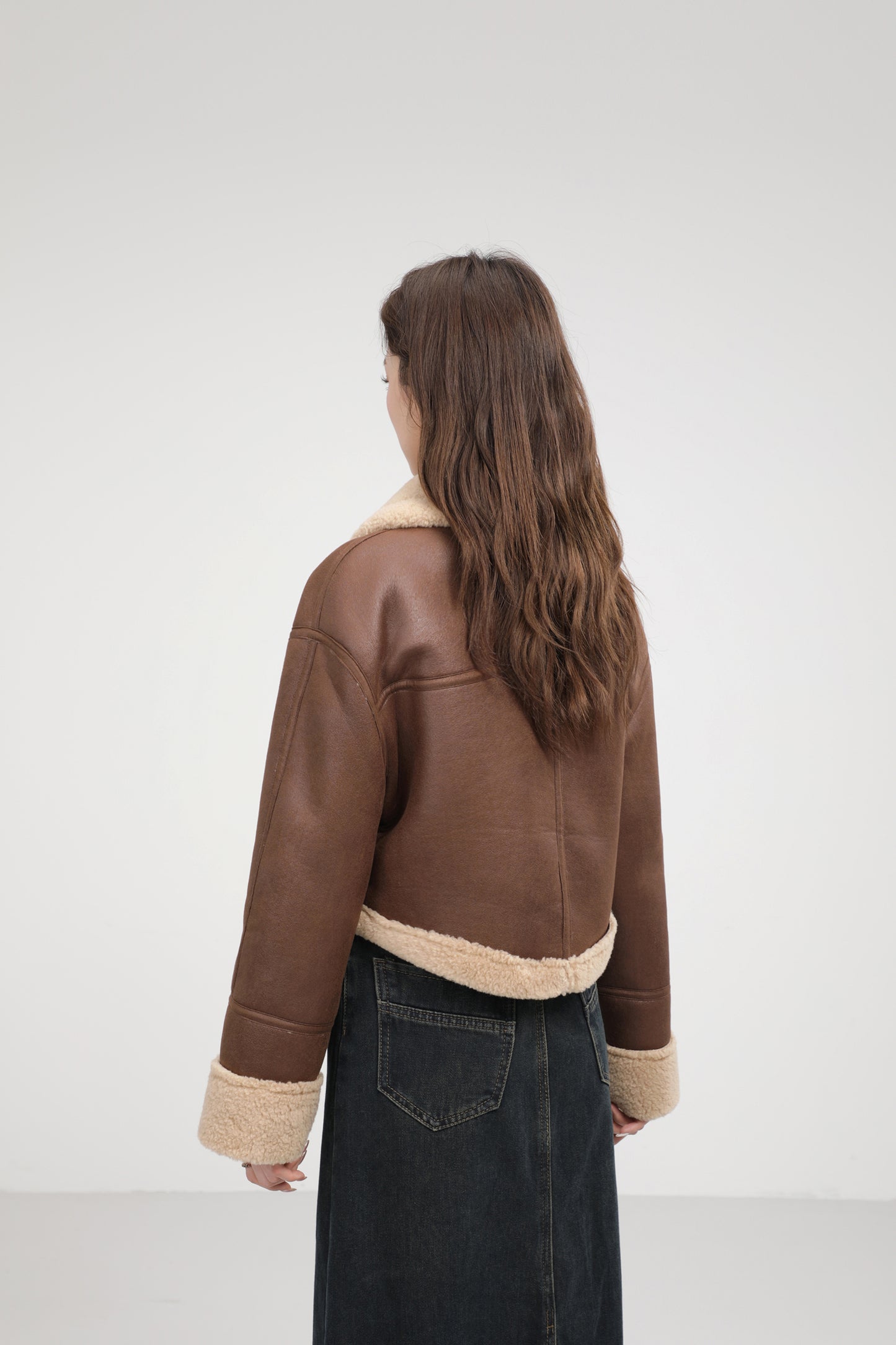 Stand Collar Integrated Lamb Fur Short Coat in Black & Coffee with Zipper Closure
