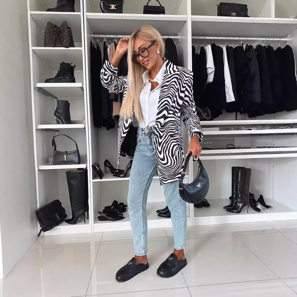 Women’s Zebra Print Long Sleeve Suit Coat Polyester