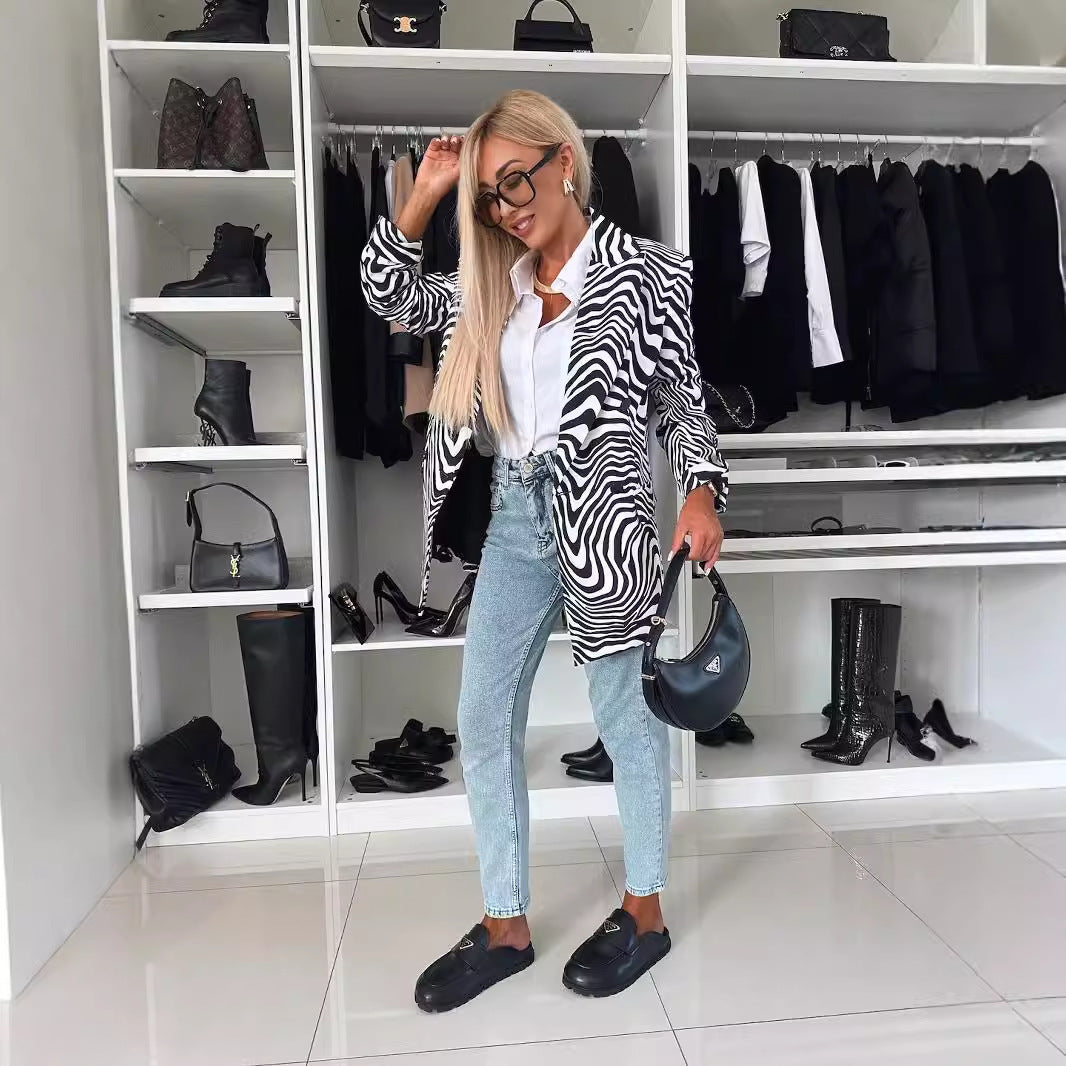 Women’s Zebra Print Long Sleeve Suit Coat Polyester