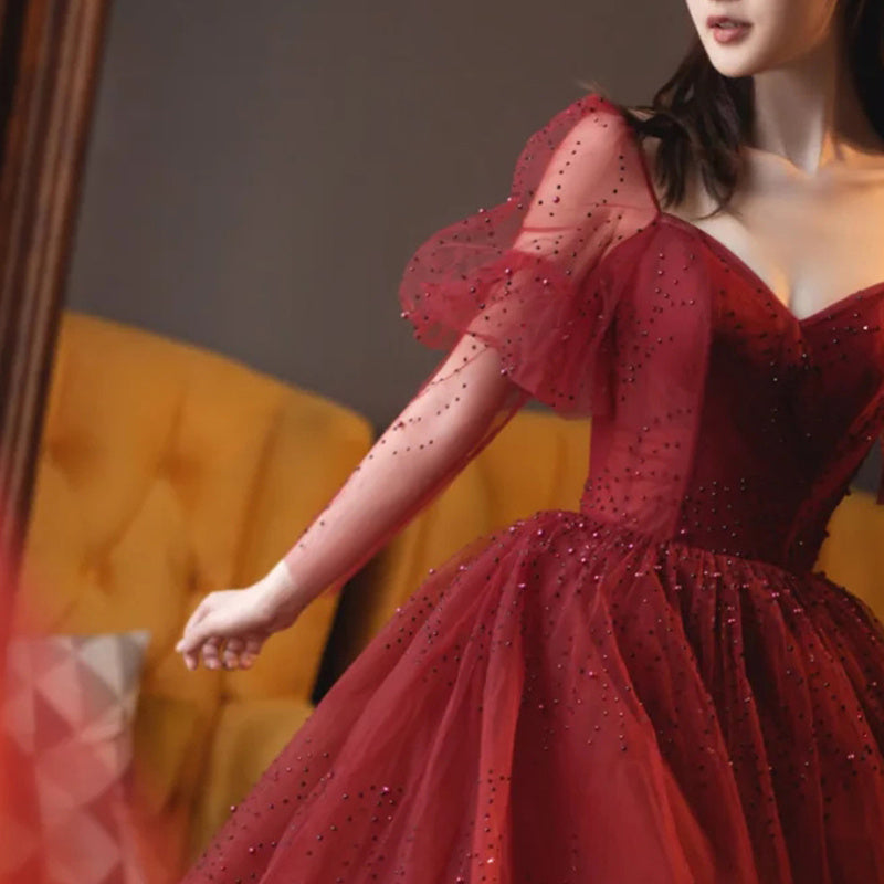 Wine Red Long Sleeve Bubble Sleeve Banquet Dress for Women