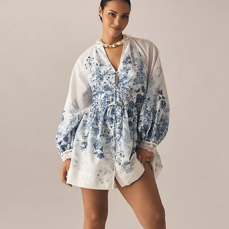 Women's Blue Floral Vintage Dress with Stand-Up Collar and Puff Sleeves