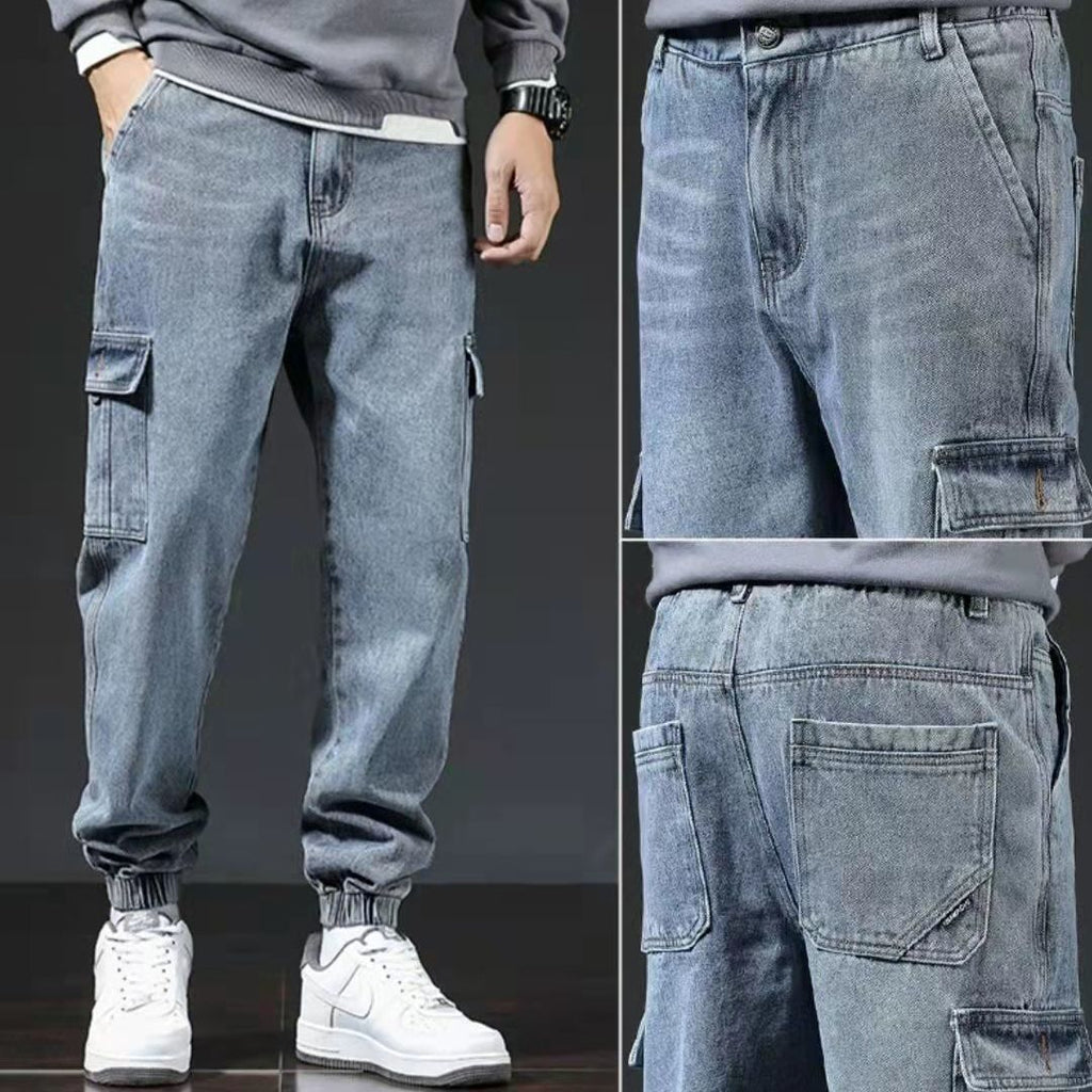 Multi-Pocket Men’s Jeans in Blue, Black & Gray Cotton
