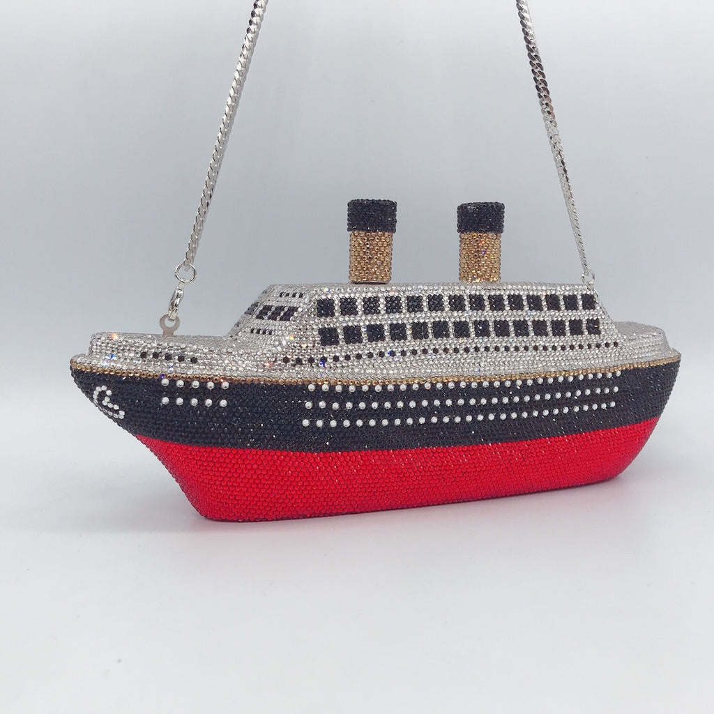 Full Diamond Crystal Rhinestone Metal Evening Bag with Magnetic Closure, Small Size, Red & Blue