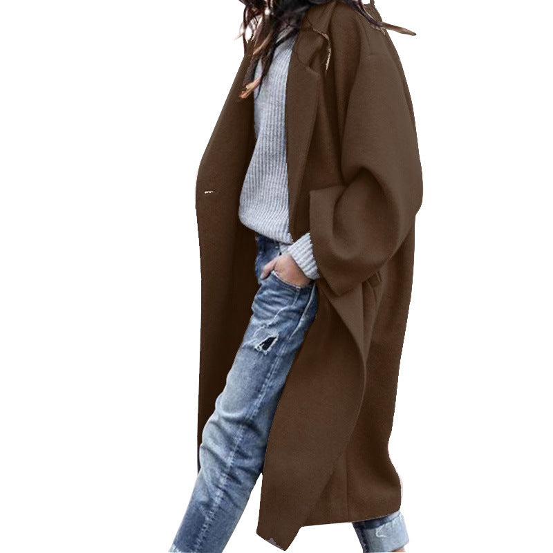 Women’s Casual Long Woolen Jacket With Pockets Solid Color Single Breasted Lapel Winter Coat