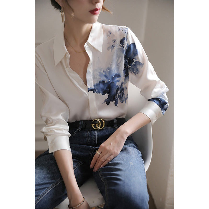 Women's Satin Silk Long Sleeve Shirt with Small Country Style