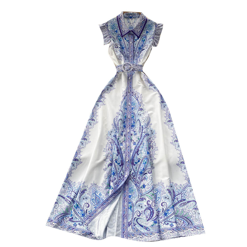 Robe Rétro Femme d'Été Col Polo Taille Haute à Lacets, Blanche et Bleue