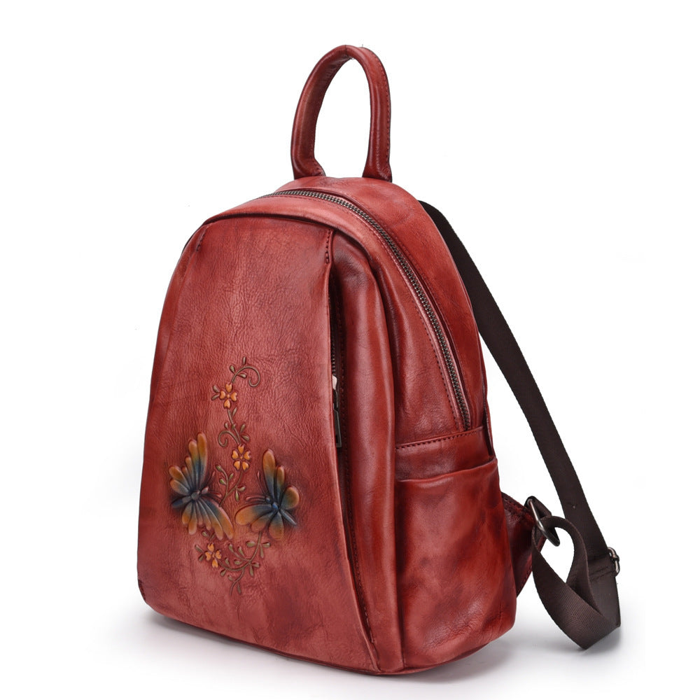 Women's Retro Leather Backpack Medium 20-35L Zipper Closure