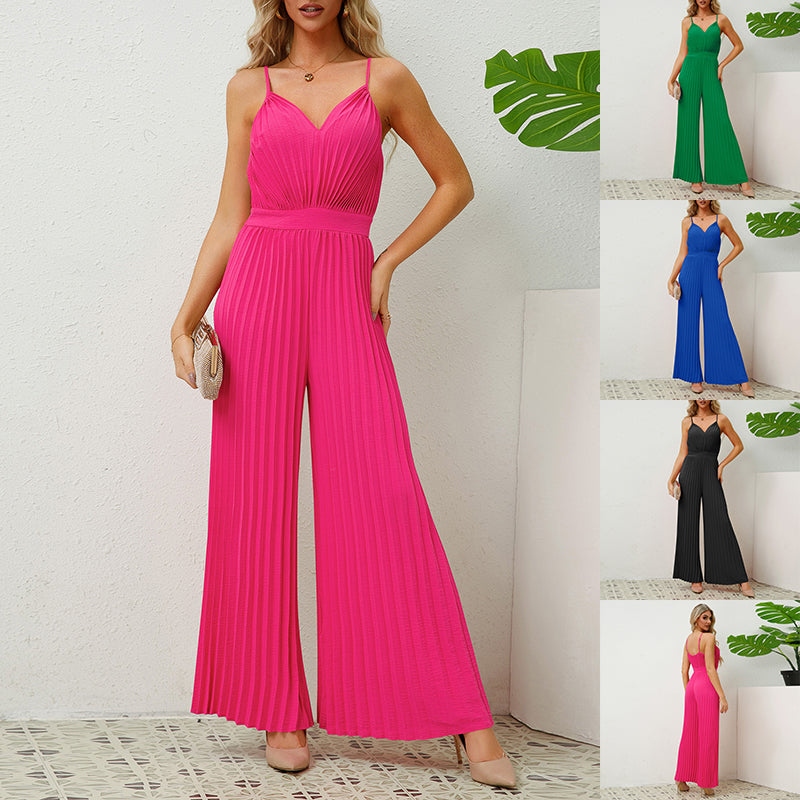 V-Neck Suspender Pleated Jumpsuit with Solid Color Loose Straight Pants for Women
