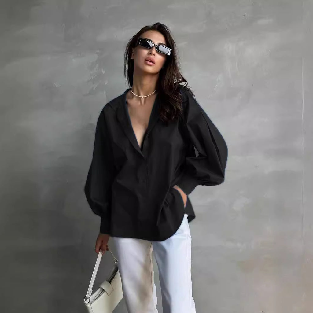 Chemisier Femme en Coton à Manches Lanternes Col Rond Longueur Moyenne