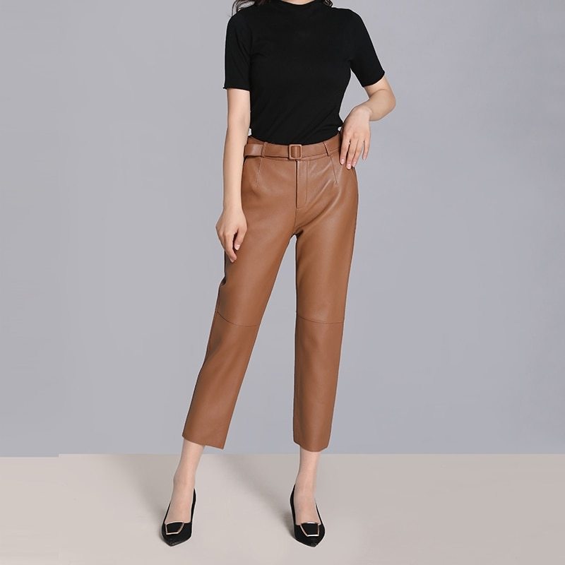 High-Waisted Genuine Sheepskin Leather Straight Pants with Belt