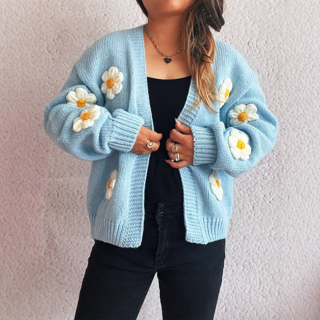 Casual Knitted V-neck Stitching Flower Cardigan Sweater