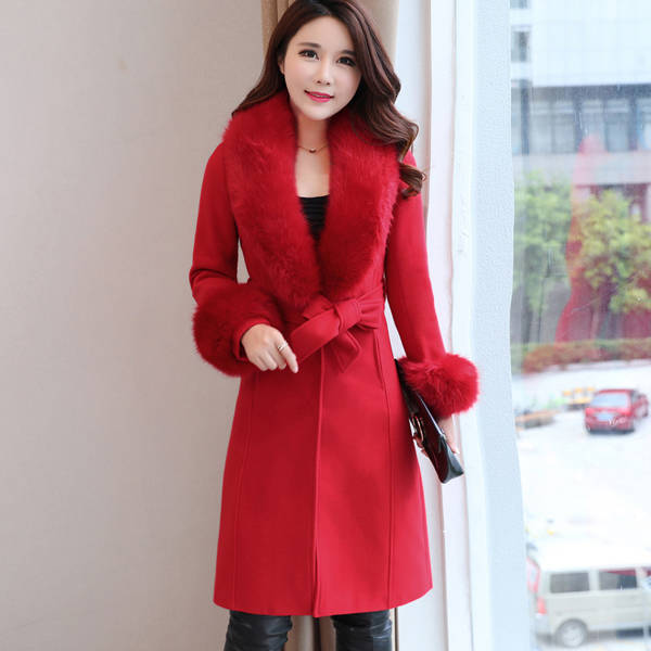 Women's Long Lace-Up Coat with Fur Collar