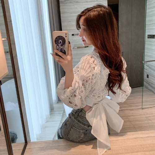 French Palace Lace Cotton V-Neck Shirt for Women, Short Length, Long Sleeve, White & Black, Sizes S-M