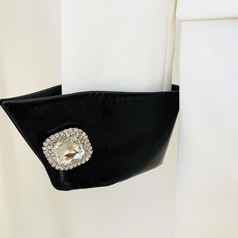 Contrast Leather Collar Diamond Stitching Jacket