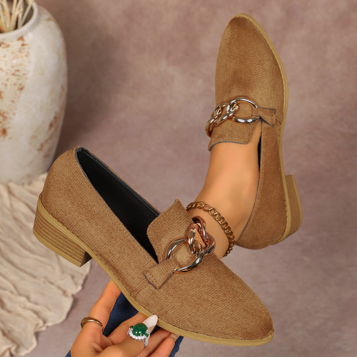 Womens Chunky Heel Pumps with Metal Chain and Round Toe
