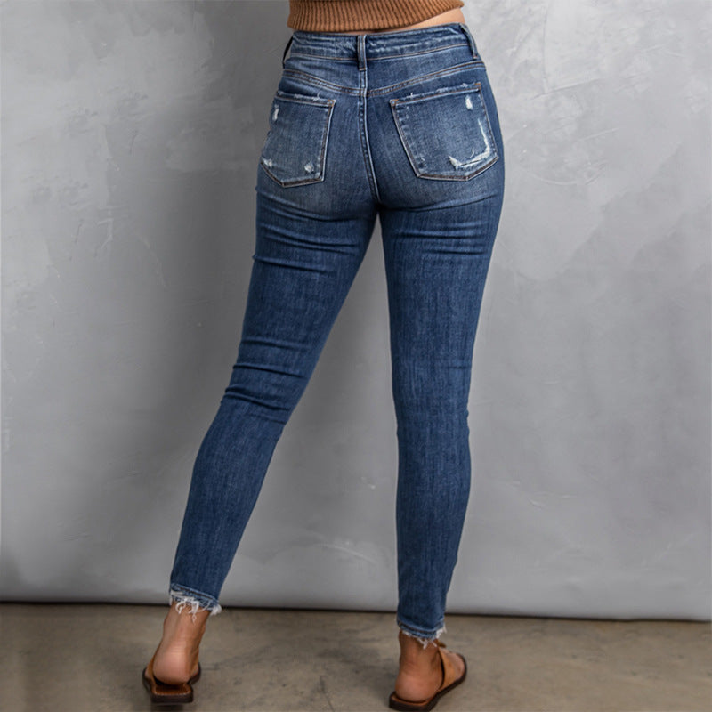 Jean taille haute décontracté et ajusté pour femme, effet vieilli, bleu foncé