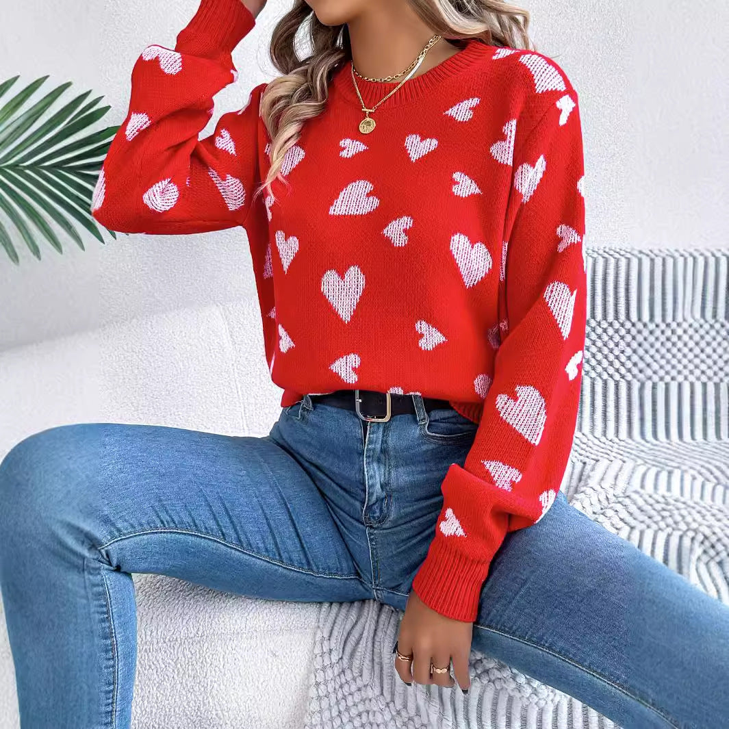 Pull tricoté à manches lanterne contrastées avec motif cœur et col rond