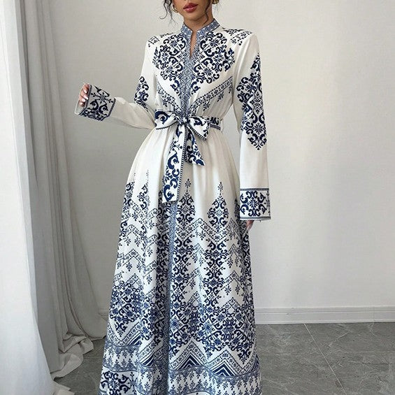 Vintage Blue Floral Women's Dress High Waist Short Sleeve