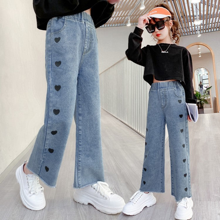 Girls Light Blue Denim Wide Leg Casual Pants