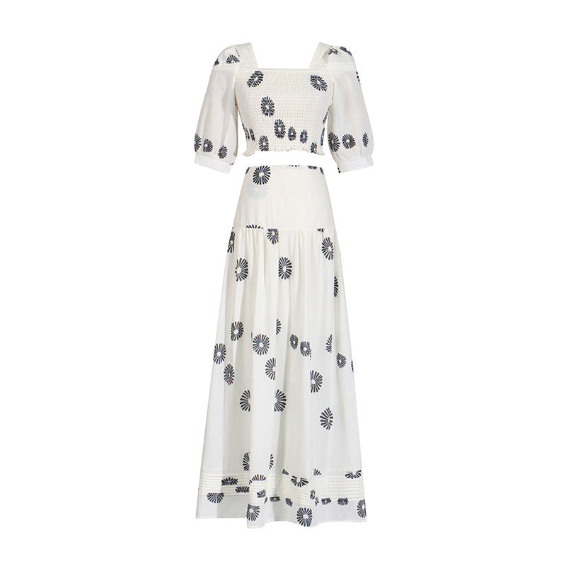 White Floral Puff Sleeve Two-Piece Summer Set with Top & Skirt