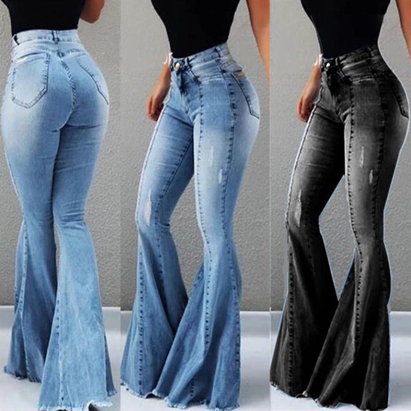 High Waist Elastic Ripped Denim Bell-Bottom Pants for Women