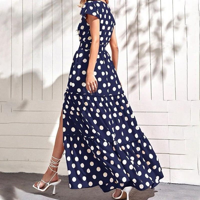 Polka Dot Split V-Neck High Waist Dress