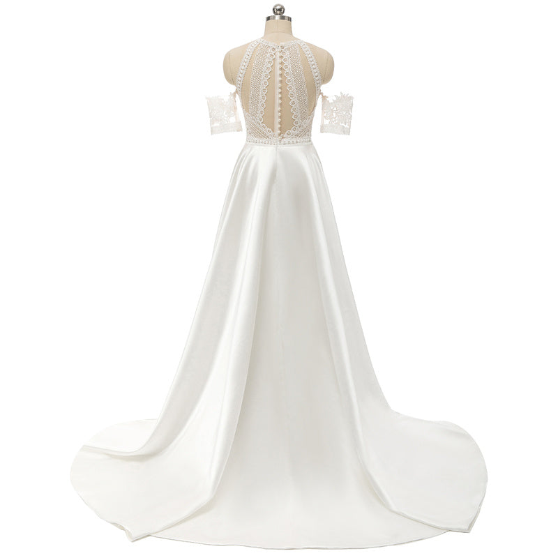 Robe de mariée vintage en satin et dentelle, style rétro Mori, jupe trapèze