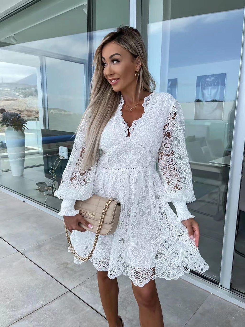 Sexy Hollow Lace Embroidered V-Neck Medium Dress for Commute