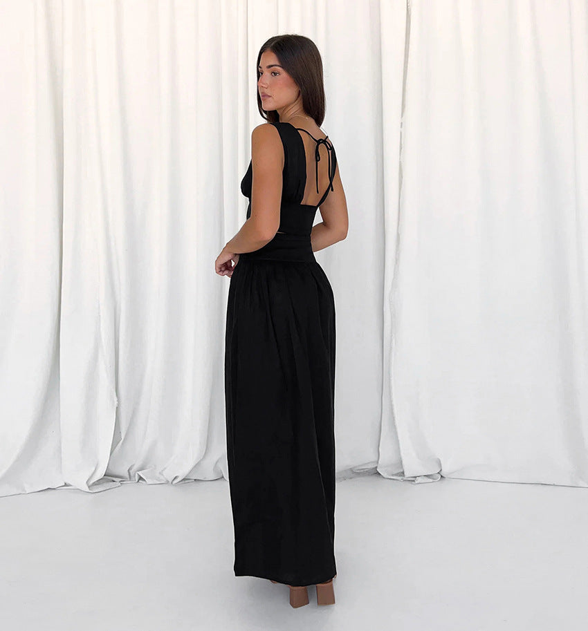 Black Cotton Linen Vest High Waist A-Line Dress Two-Piece Set for Women