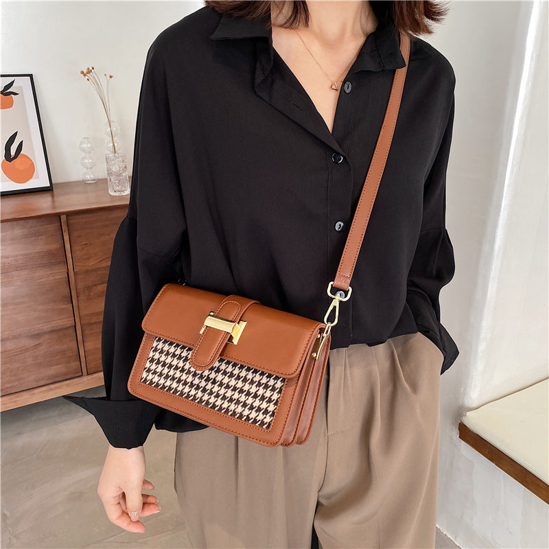 Sac carré de 20 cm en cuir PU avec motif pied-de-poule et fermoir, pour femme