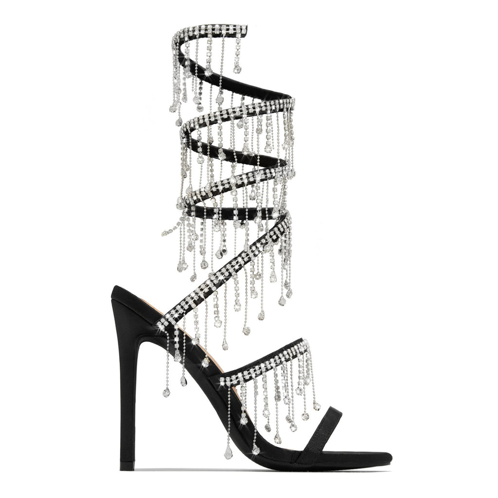 Sandales à talons aiguilles en satin noir et or avec strass, talon de 11 cm, bout carré, boucle d'été