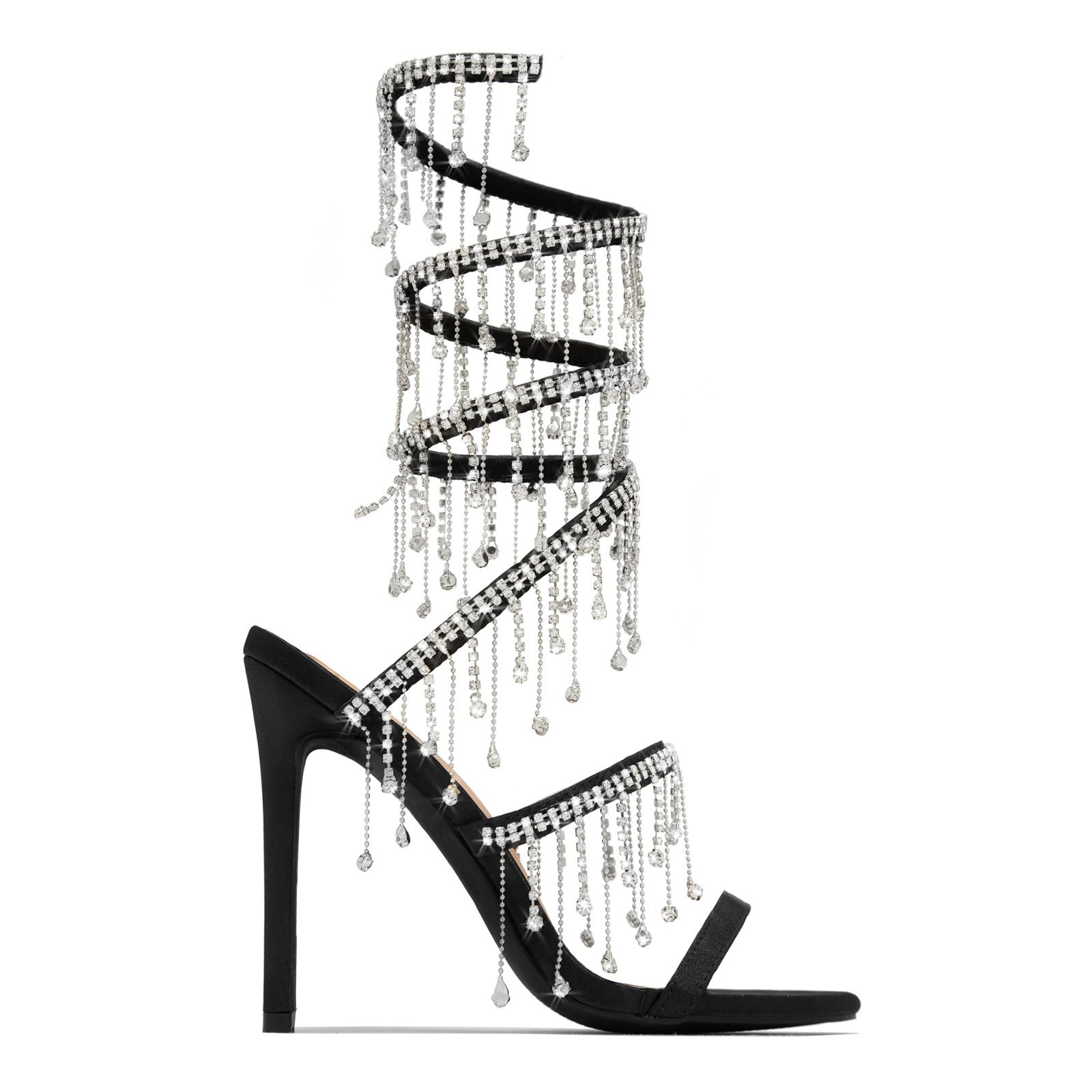 Sandales à talons aiguilles en satin noir et or avec strass, talon de 11 cm, bout carré, boucle d'été