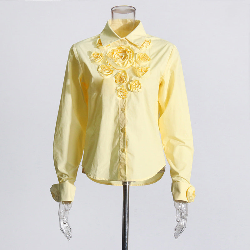 Women's Floral Stitching Polo Collar Top with 3D Decoration