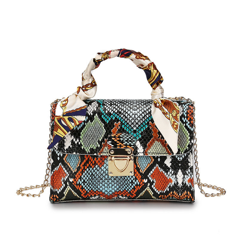 Colorful Snake Print PU Leather Medium Square Handbag