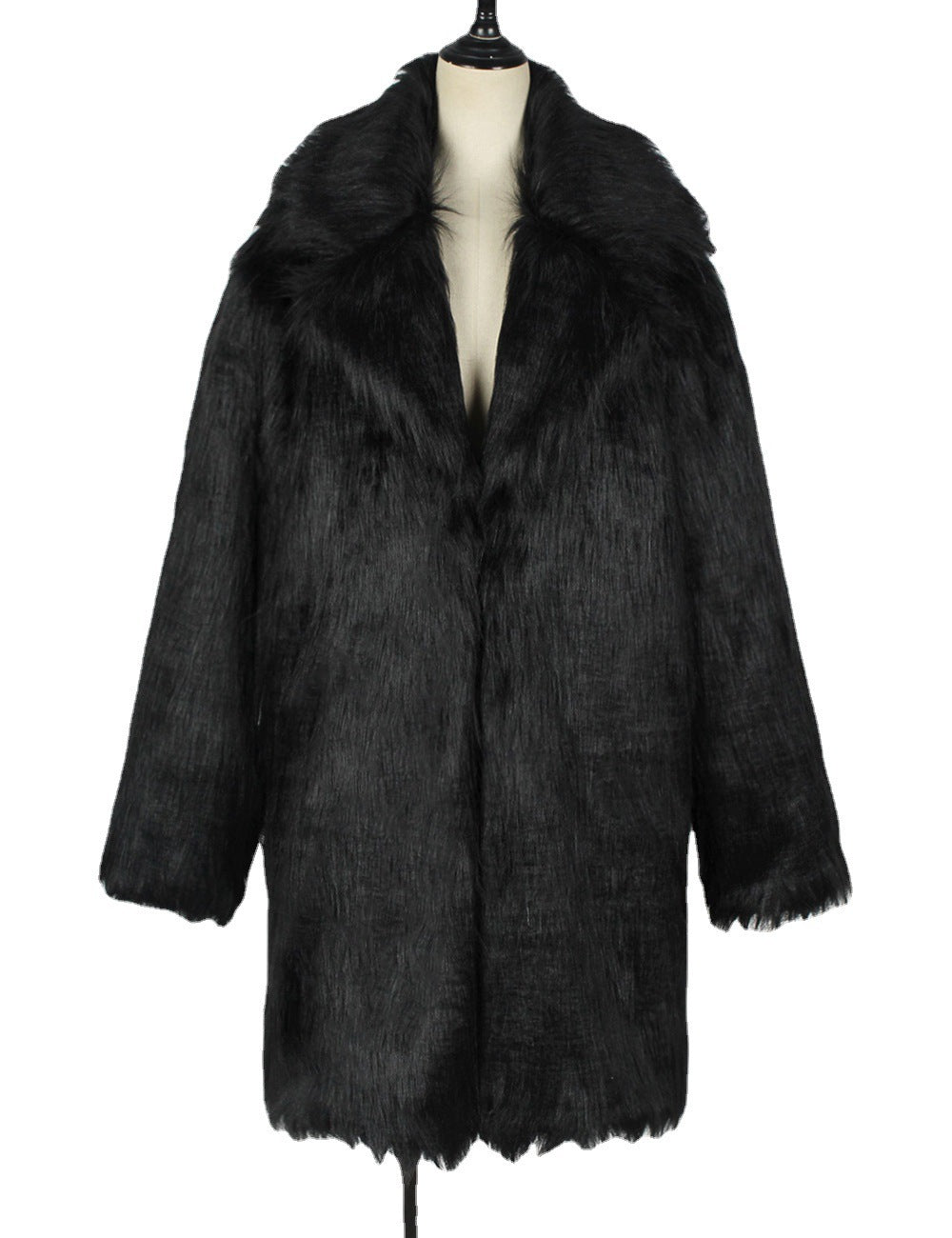 Women's Long Black Faux Fox Fur Collar Coat