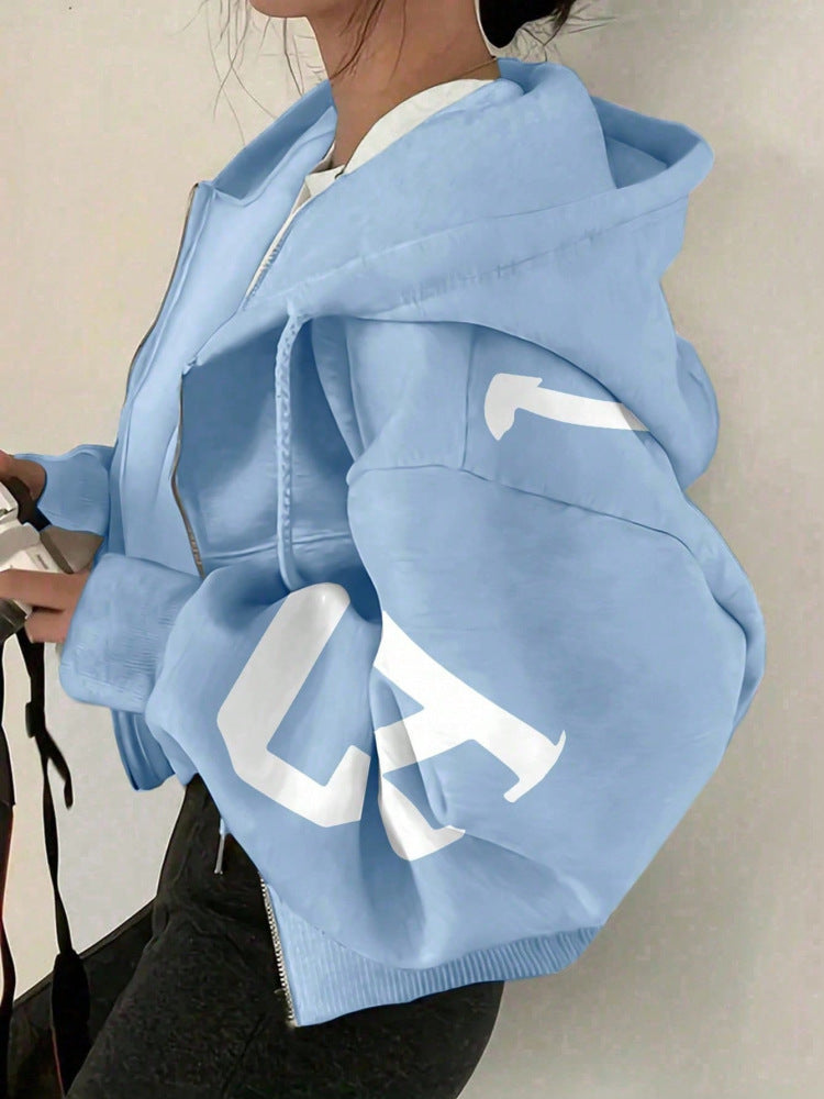 Sweat-shirt décontracté zippé à manches longues pour femme avec motif imprimé