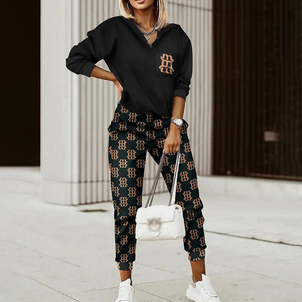 Ensemble pantalon et haut à manches longues imprimé pour femme en fibre de polyester