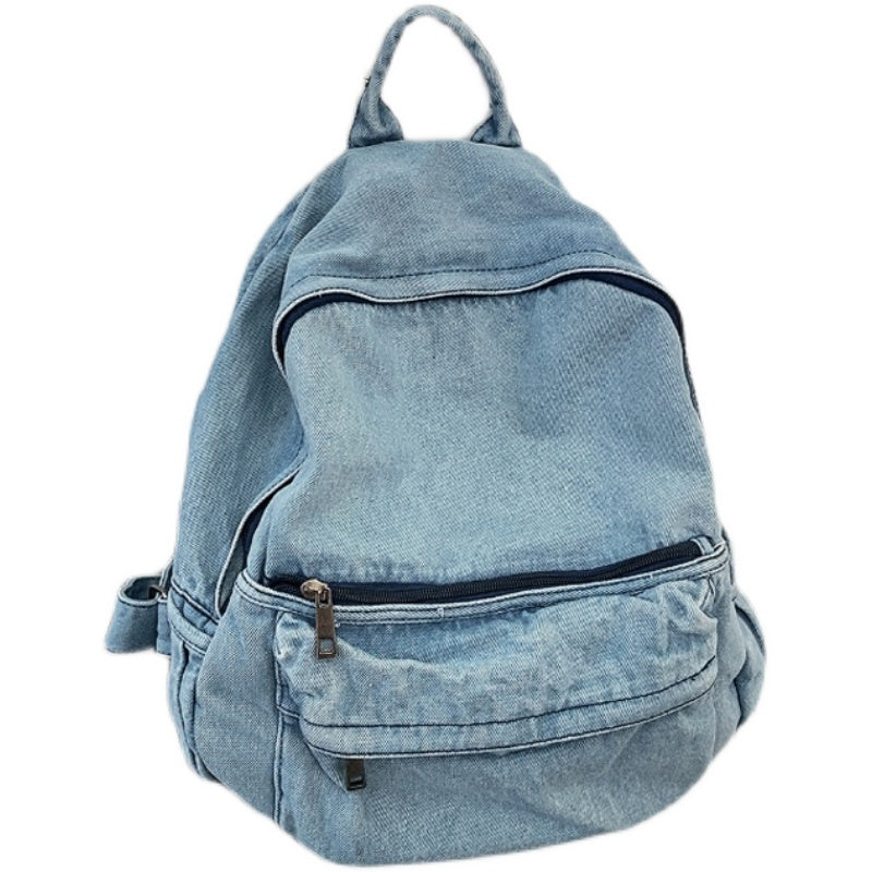 Minimalist Washed Denim Canvas Shoulder Bag - Blue & Grey, 38x34x12CM
