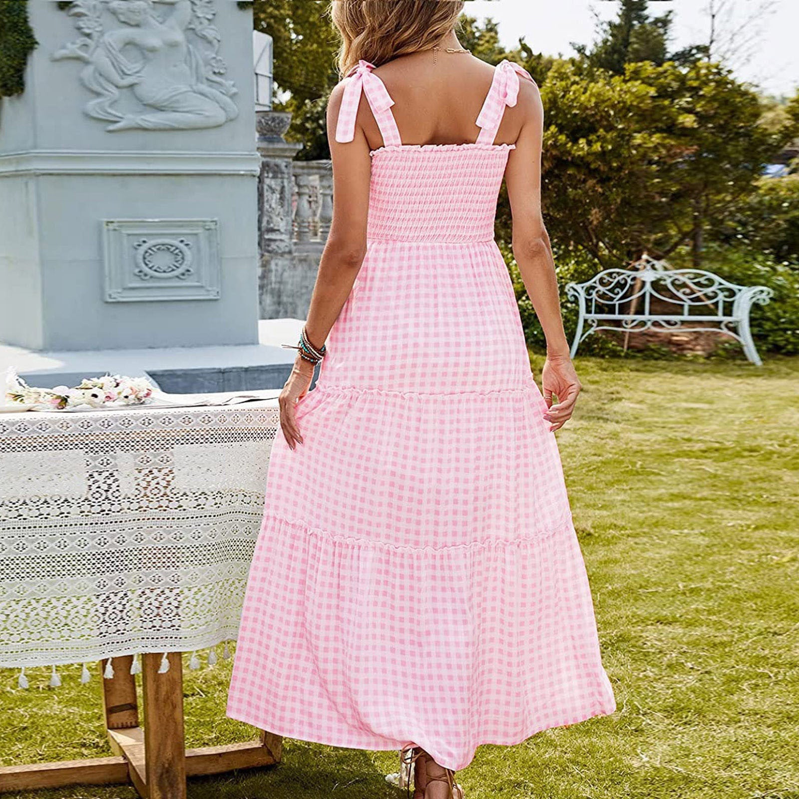 Robe longue à carreaux avec nœud pour femme